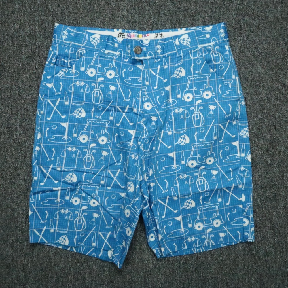 Royal & Awesome Shorts Mens 32 Blue Best Laid Plans Golf‎ Print Chino Stretch
